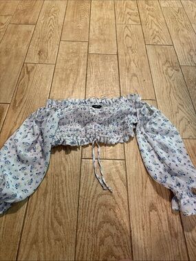 Floral Smocked Off-Shoulder Crop Top — Blue/White